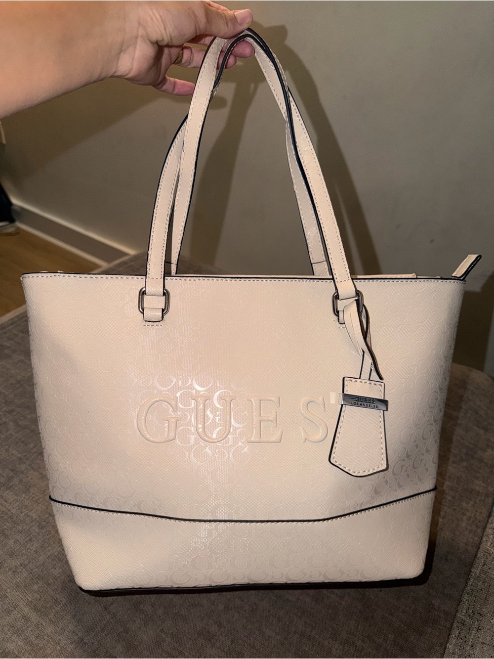 GUESS Cream Tote with Embossed Logo and Top Handles